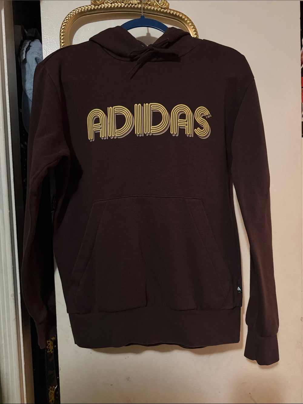adidas Brown Hoodie with Yellow Logo Zip-Up Style